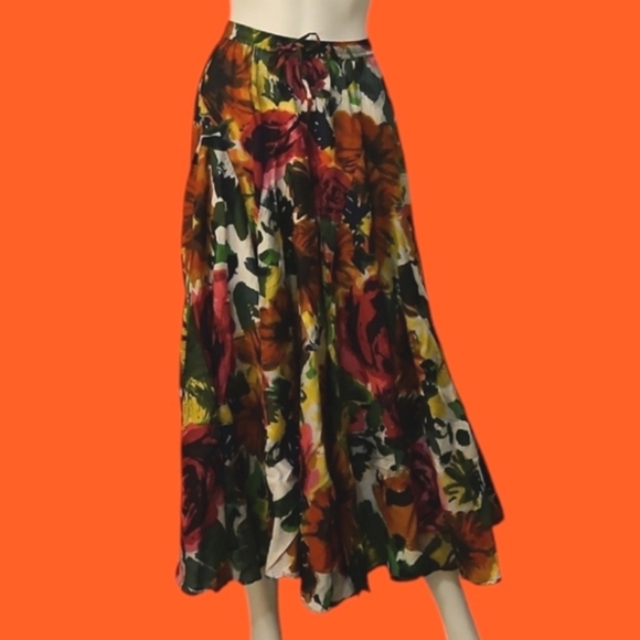 Grace 1990s Tropical Floral Cotton Tea Length Drawstring Circle Tiki Skirt - Picture 1 of 6